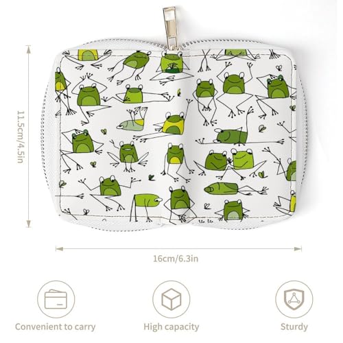 Women Leather Coin wallet, Key Change Organizer Zipper Card Holder Purse Clutch Pouch Pocket 4.5x3.15 in Print Green Frogs Seamless on White3