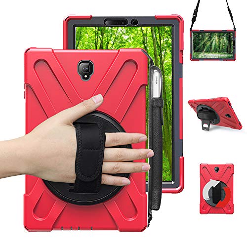 Junfire Coque pour Samsung Galaxy Tab S4 10.5 2018 avec Porte-Crayon,360 Rotatif avec béquille, dragonne et poignée à bandoulière 3 Couches Hybride résistant aux Chocs pour SM-T830/T835/T837 (Red)