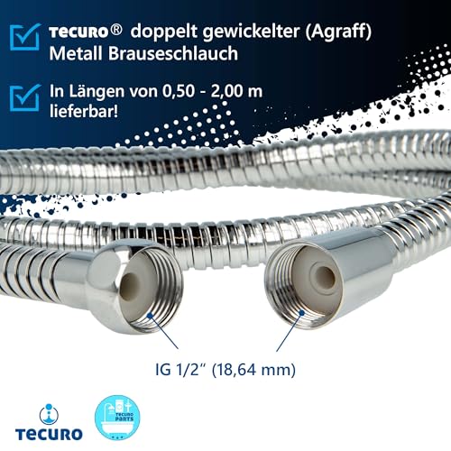 tecuro Metall Agraff Brauseschlauch 0,75 m, doppelt gewickelt, hochglanzverchromt, Innenschlauch geprüft nach KTW-A und DVGW W-270, inkl. 2 Dichtungen