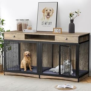 70.86” Dog Crate Furniture Large Breed TV Stand with 2 Drawer & Double Rooms,Wooden Dog Kennel Dog Crate End Table with Cushion Removable Divider for Large Medium Dogs, Grey