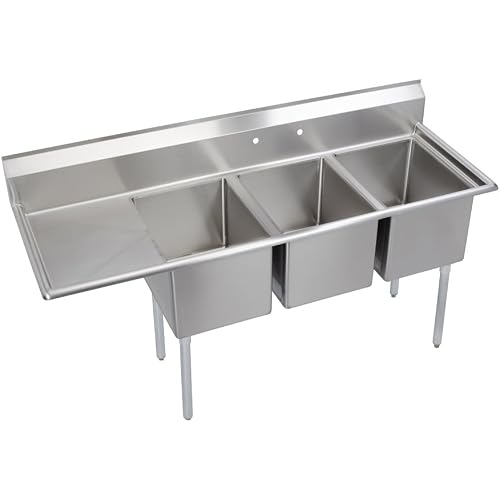 Elkay Foodservice 3 Compartment Sink, 72.5"X25.75" OA, 36" Working Height, 16X20 Bowl, 12 Deep, 9.75" Backsplash, Left 18" Drainboards, 8" On Center Faucet Hole, Galvinized Legs, Adjustable Feet, 18 Gauge 300 Series Stainless Steel, NSF Certified
