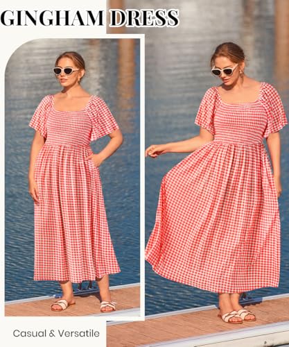 Image of RITERA Plus Size Dresses for Curvy Women Square Neck Short Sleeve Summer Floral Smocked Maxi Dress with Pocket XL-5XL