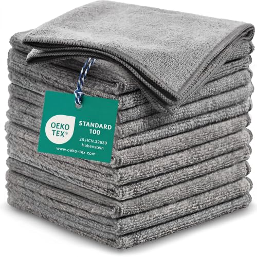 Tekswip Microfiber Cleaning Cloth, Gray, 12 Pack, 12' x 12' | Reusable Lint Free Streak Free Super Absorbent Machine Washable Microfiber Towels for Cars Oeko-Tex Standard 100