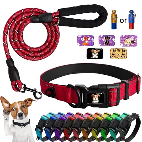 Mauts Reflective Dog Collars and Lead Set Adjustable dual D breathable collar with soft rubber pad for added comfortfor Large Medium Small Dogs (3 Pcs) (Red, Large)