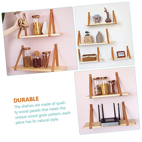 Stobaza 2 Sets Leather Home Style Shelf Wooden Rustic Band Rack For Wall Shelves Nordic With Storage Self Display And Mounted Bathroom Organizer Bedroom Hanging Decorative Wood Floating #TOP2