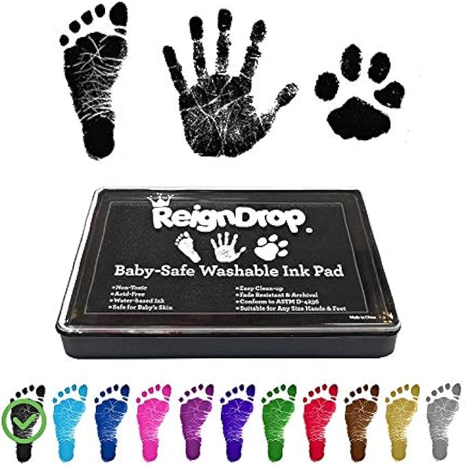 ReignDrop Ink Pad For Baby Footprint, Handprint, Create Impressive Keepsake Stamp, Non-Toxic and Acid-Free Ink, Easy To Wipe and Wash Off Skin, Smudge Proof, Long Lasting Keepsakes (Black)