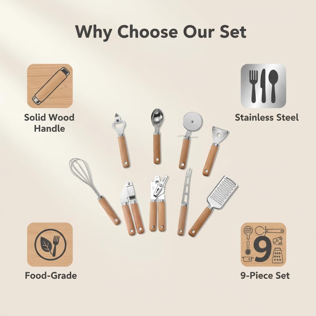 Kitchen Gadgets Set with Wooden Handles, 9-Piece Stainless Steel Utensil Set, Includes Bottle Opener, Ice Cream Scoop, Pizza Cutter, Can Opener, Whisk, Grater, Peeler