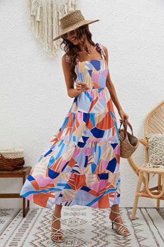 Image of kinstell Women's Summer Boho Spaghetti Strap Square Neck Ruffle Casual Flowy Long Dress Beach Swing Party Maxi Dress