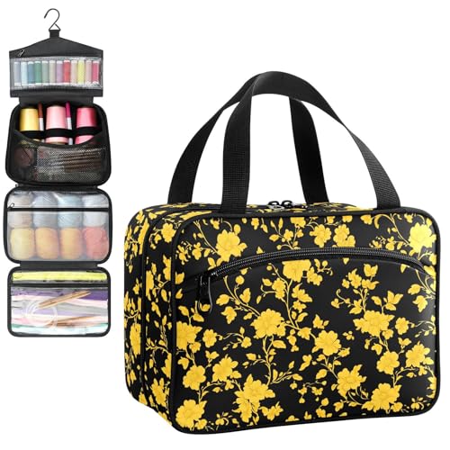 YNNALE Sewing Supply Organizer Bag, Yellow Floral Black and Yellow Portable Sewing Bags with Pockets&Hanger, Sewing Storage Box Case for Sew Supplies/Kit/Tools/Accessories (BAG ONLY)
