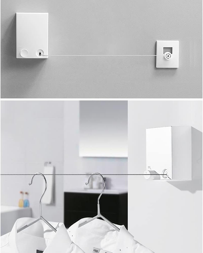 woshida 引き込み式の物干し-衣類を乾燥させるための頑丈な物干し-壁に取り付けられたステンレス鋼の粘着性と壁に取り付けられた洗濯ロープ(白)