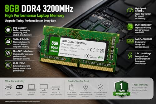 Image of 8GB DDR4 3200MHz OEM Laptop RAM Compatible with Samsung [Key Specs: PC4-25600 /3200AA | 260-Pin SO-DIMM | CL22 | 1Rx8 | 1.2V | Non-ECC] | 1 Year Seller Warranty