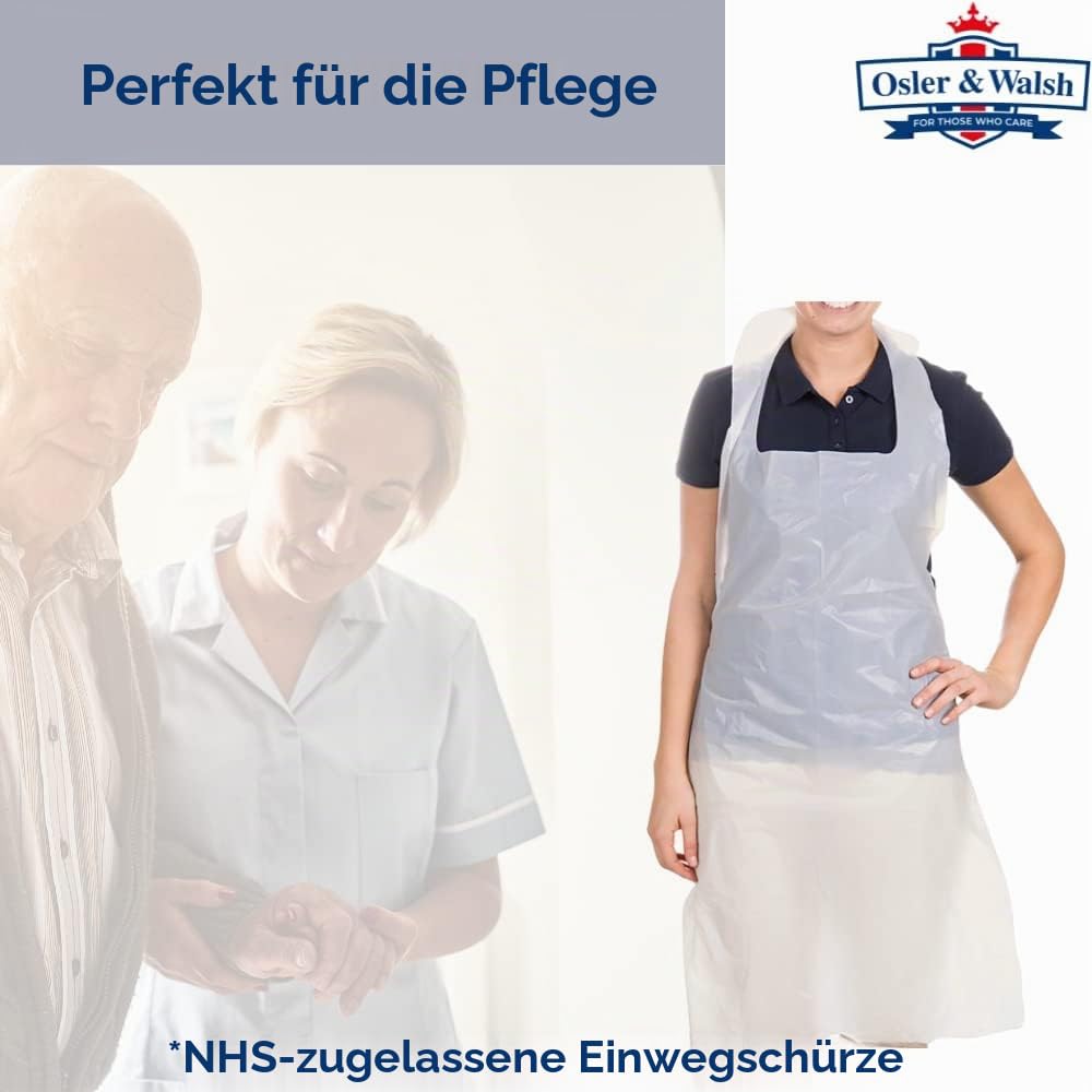 Osler & Walsh Hochwertige Einwegschürzen für Damen und Herren, 686 mm x 1170 mm, Polyethylen-Schürzen für Erwachsene, 16 Mikrometer, flach verpackt, Größe und Spezifikation, Weiß, 100 Stück