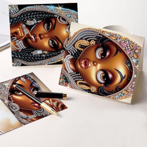 Image of AiYuanzsh 6 Pcs 5D Diamond Painting Greeting Card Kits, Luxury Black Beauty Design DIY Diamond Art Greeting Cards with Envelopes, Handmade Rhinestone Cards for Adults Birthday & Festival Celebration