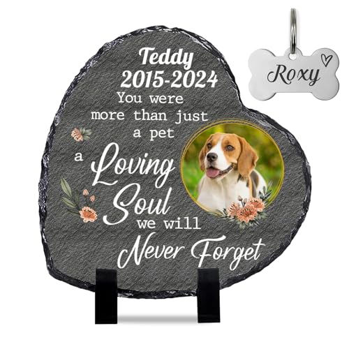 Kufutee Targa commemorativa in ardesia con foto per animali domestici, idea regalo commemorativa per tomba del cane (cuore, 15 cm)