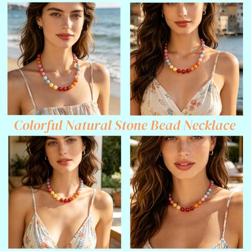 Image of GINAZL Natural Stone Beaded Choker Necklace for Women, Chunky Multicolor Gemstone Handmade Necklace, Boho 12MM Bead Summer Beach Jewelry Gifts for Women