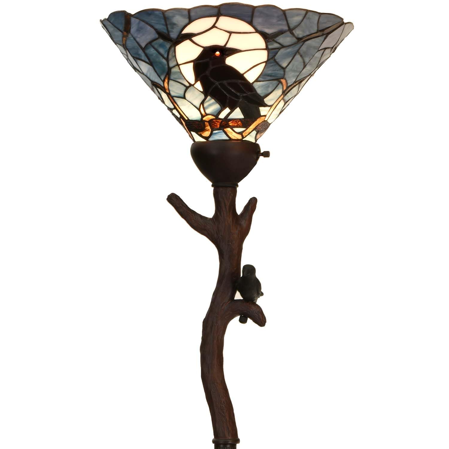 Bieye L30959 Lampadaire en vitrail de style Tiffany avec corbeau debout sur un tronc d'arbre et pleine lune au-dessus, pour décoration d'Halloween (Dark Blue)