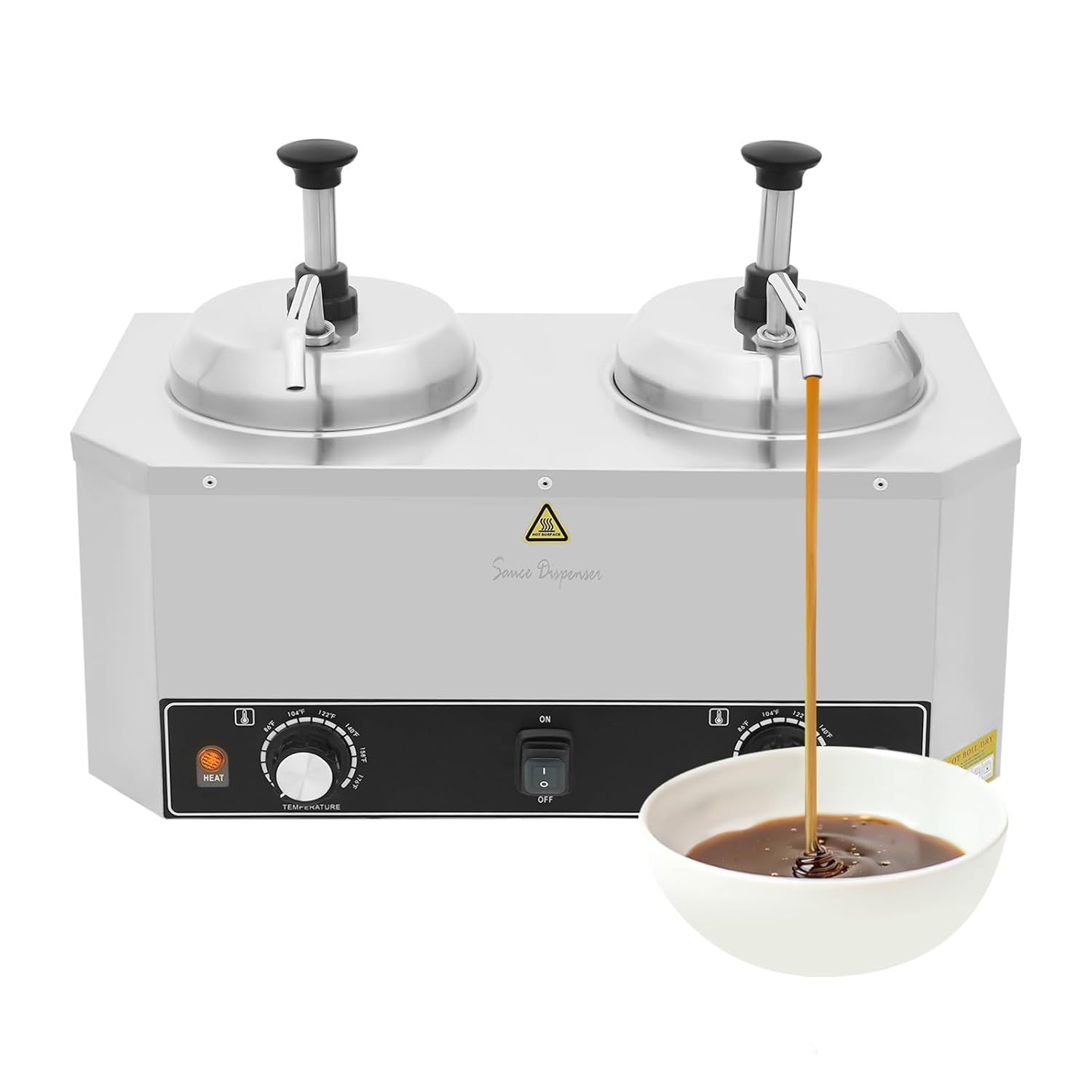 Double Heads Cheese Dispenser with Pump,2 x 2L/2.1QT Electric Countertop Nacho Cheese Sauce Warmer Pump Dispenser,800W Stainless Steel Commercial Butter Hot Fudge Warmer,86-185°F Temp Adjustable