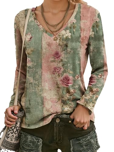 Women's Vintage V Neck Long Sleeve T Shirts Fall Casual Loose Fit Western Tops Tees