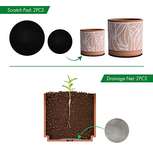 Set Of 2 Terracotta Pots, Leaves Pattern Planter Pot, 4 Inch And 6 Inch, Pot With Drainage Hole And Saucer, Terracotta/White, 31-958-I-1 #TOP3