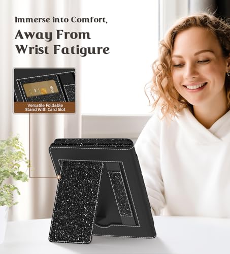 Image of MoKo Case for 6 inch All-New Kindle(11th Generation 2024 /2022 Release), Lightweight PU Leather Cover Stand Shell with Hand Strap Auto Wake /Sleep for Kindle 2024 11th Gen e-Reader, Glitter Black