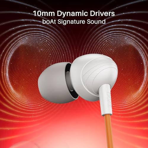 Image of boAt Bassheads 211 Wired Earphones with 10mm Drivers, Signature Sound, in-Line Microphone, 3.5mm Jack, Voice Assistant & 120cm Cables (Off White Orange)