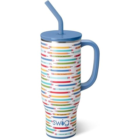 Swig Life 30oz Mega Mug, 30 oz Tumbler with Handle and Straw, Cup Holder Friendly, Dishwasher Safe, Extra Large Insulated Tumbler, Stainless Steel Water Bottle (Teacher Life)