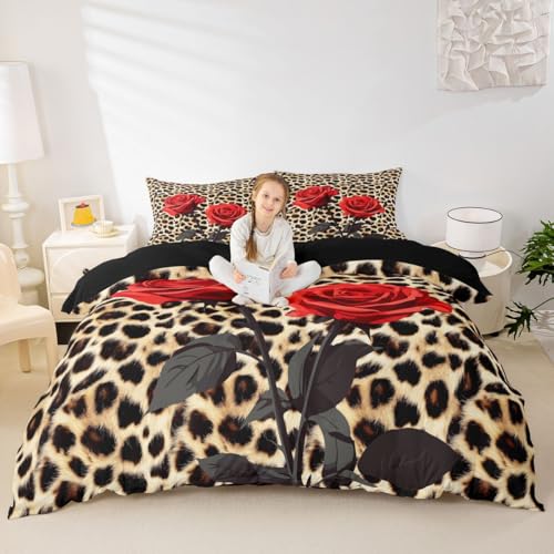 Leopard Print Duvet Cover Set, Teens Safari Cheetah Print Bedding Set Queen Size Rose Flower Valentine's Day Comforter Cover for Women Men Adult Wedding Gift, Black Brown Leopard Bed Set with Zipper