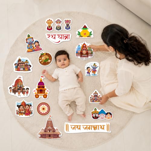 Image of Rath Yatra Theme Baby Photoshoot Props | Premium 250 GSM Card Paper Cutouts | 15+ Colorful Cartoon Chariot, Temple | Hindu Festival Decor for Newborns & Kids