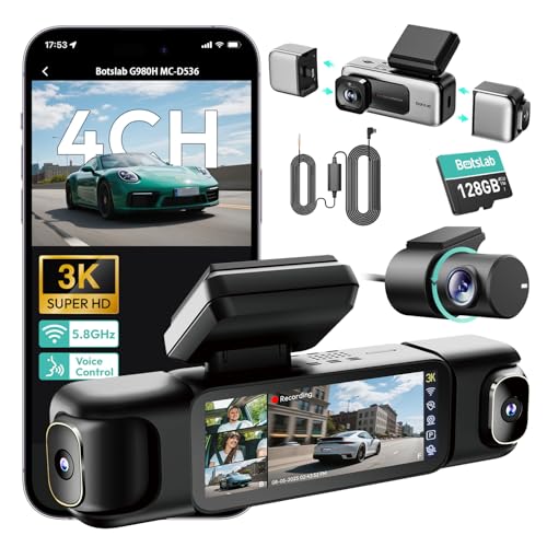 Image of BOTSLAB 3K 4 Channel Dash Cam with Hardwire Kit, 24 /7 Parking Mode, 360All-Sides View, Front and Rear Inside Car Camera, 3.18 inchTouch Screen,Night Vision Voice Control,Free 128GB Card 5.8GHz WiFi & GPS