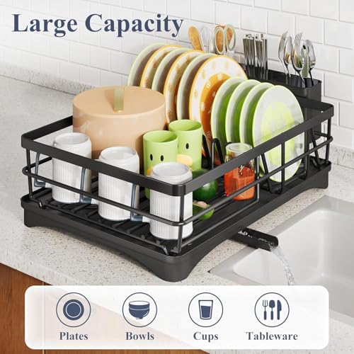 Image of Umite Chef Large Dish Drying Rack for Kitchen Counter, Black Metal Dish Drainer with Drainboard, Utensil Holder, Cup Holder, Rust Resistant Kitchen Dish Rack with Water Drain Spout for Countertop