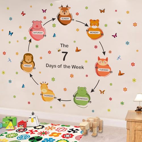 Image of StickMe '7 Days of The Week Animals Baby Kids Learning Education NurseryPre School Kinder Garden Colorful Wall Sticker' (Multi Colour, Vinyl) (Standard Extra Large - 220 x 190 cm)