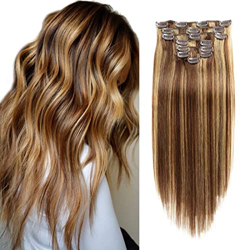 Clip in Extensions Human Hair,#4/27 Chocolate Brownto Caramel Blonde 14inch 8pcs 100g 17Clips in Hair Extensions Remy Straight Sliky Hair Extensions