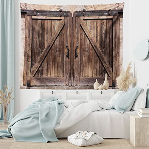 Ambesonne Rustic Tapestry, Wooden Barn Door In Stone Farmhouse Image Vintage Desgin Rural Art Architecture Print, Wide Wall Hanging For Bedroom Living Room Dorm, 60" X 40", Beige Brown #TOP5