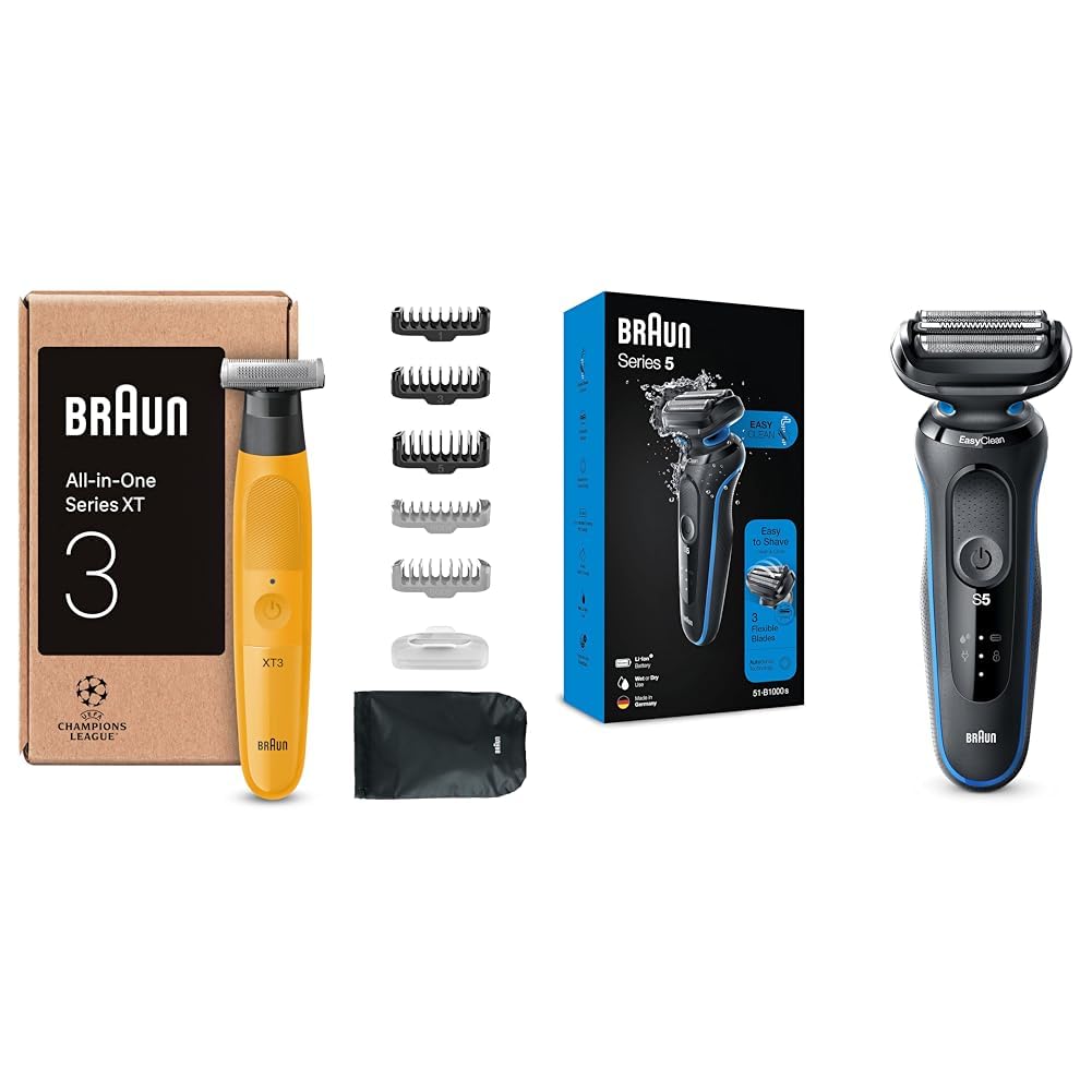 Braun Regolabarba Uomo XT3 Tutto-in-uno, +7 Strumenti di Styling, Giallo & Rasoio Elettrico Barba Braun Serie 5, Rifinitore Di Precisione Ed Effetto Barba Incolta, Series 5, Blu
