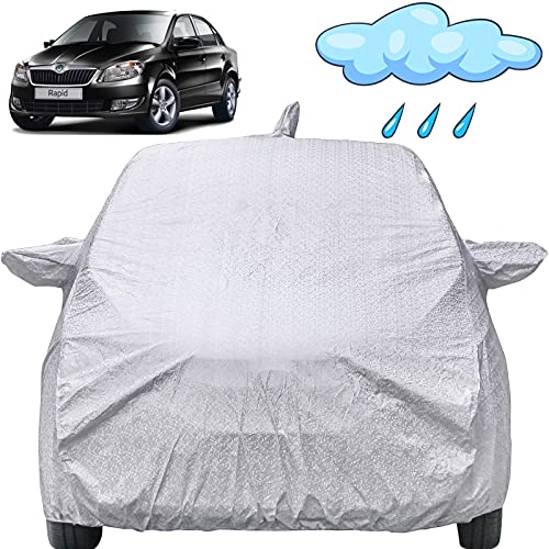 Image of Autofact Waterproof Car Body Cover Compatible with Skoda Rapid with Mirror Pockets and Antenna, Shinning Silver Color