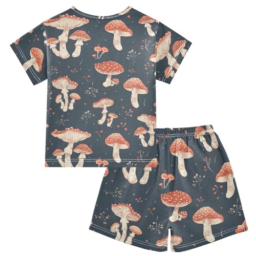 ALAZA Red Mushroom on Navy Blue Pajamas Short Sleeve 2 Piece Sleepwear Top and Bottom Pajama Set Unisex2