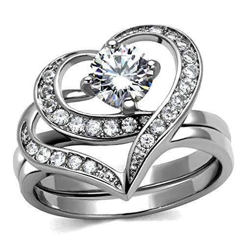 Marimor Jewelry Women's 1.2 Carat Round Cut Cubic Zirconia 2 Piece Heart Shape Stainless Steel Wedding Ring Set