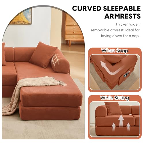 Image of 107 inch Modular Sectional Sofa Bed, L-Shape Corduroy Boneless Couch, Orange