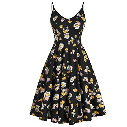 routinfly - Vestido de verano para mujer, estampado de girasoles, vestido corto de playa, con flores, sin mangas, espaguetis Negro M-36/38/40