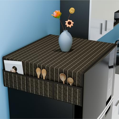 Image of Kuber Industries Jute Fridge Top Cover | Washable & Anti-Dust Refrigerator Top Cover with 6 Utility Pockets for Kitchen | Lining Design - Brown