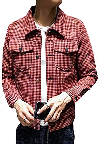 AiMei Men Slim Fall Plaid Print Faux Suede Button Up Jacket Coat Outerwear,2,XX-Small