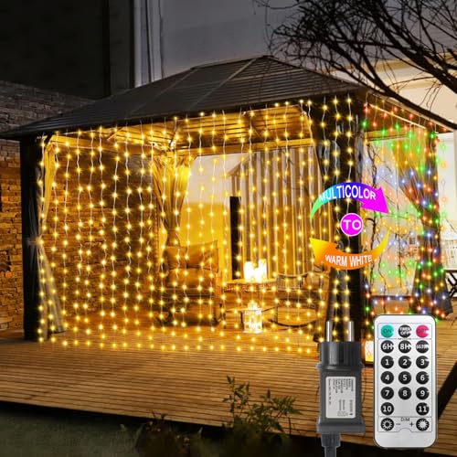 ZAIYW Rideau lumineux à 600 LED - 6 m x 3 m - Blanc chaud ou multicolore - Avec prise et télécommande - Minuterie - Étanche - Pour chambre à coucher, mariage, fête, Noël - Décoration extérieure