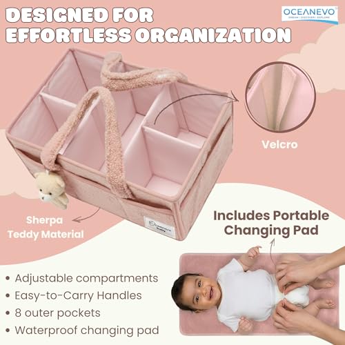 Image of OCEANEVO Fur Diaper Caddy Organizer Bag | WITH Diaper Changing Mat, Bag Charm and Luggage Tag | New Born Baby Essentials | For Mothers for Travel - 38 x 25 x 18 cm - Pink - 1 Year Warranty