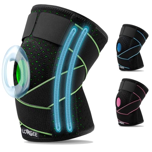 LOW&EE® Rodilleras Menisco y Ligamento Deportiva Ajustable – Rodilleras Gym - Rodillera Rotuliana Completa - Rodillera Crossfit - Rodillera Unisex de Neopreno con Silicona (Negro/Verde)