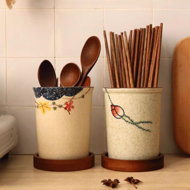 食器キャディ日本セラミック食器ホルダー、安定した台所用品、カウンタートップ用カトラリーオーガナイザー、スプーン箸ホルダー、木製ベース