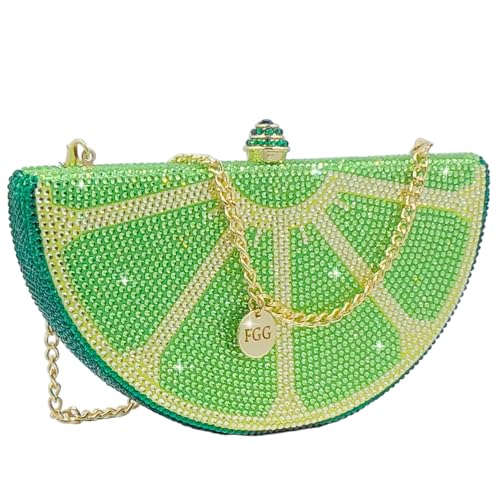 Novelty Semicircle Hard Case Minaudiere Sparkly Crystal Clutch Purse with Chains 7.8x1.8x4.5 Inch 1.06 LB Bridal Gift Green Lemon
