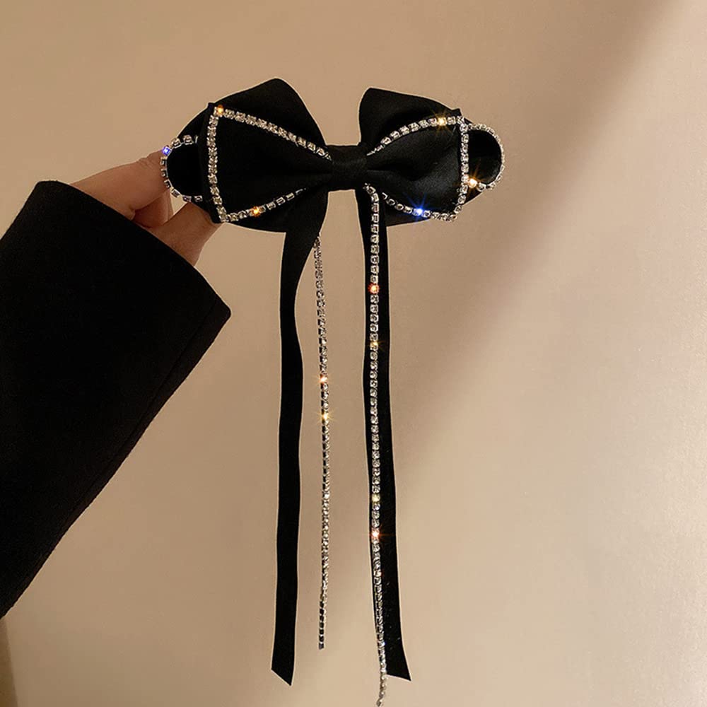 Jumwrit Large Bow Hair Clip Long Ribbon Hair Bows Rhinestone Tassel Hair Clip French Design Barrettes Fashion Hair Styling Accessories for Women Girls - Image 5