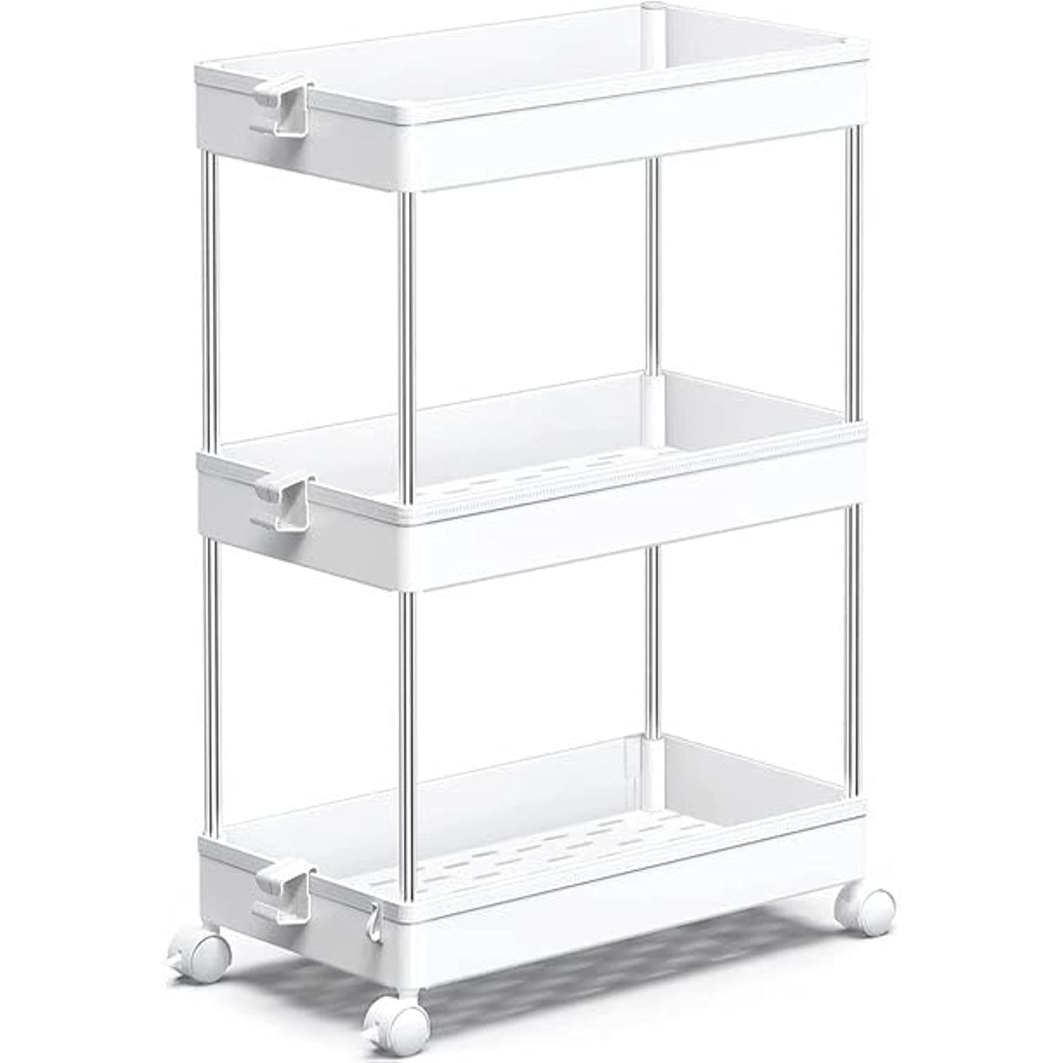 RaiSeru Premium Rolling Storage Cart - 3 Tier Utility Cart Organizer For Kitchen, Bathroom, Garage and Coffee Bar | Plastic Trolley - Storage Shelf Rack with Wheels, White.