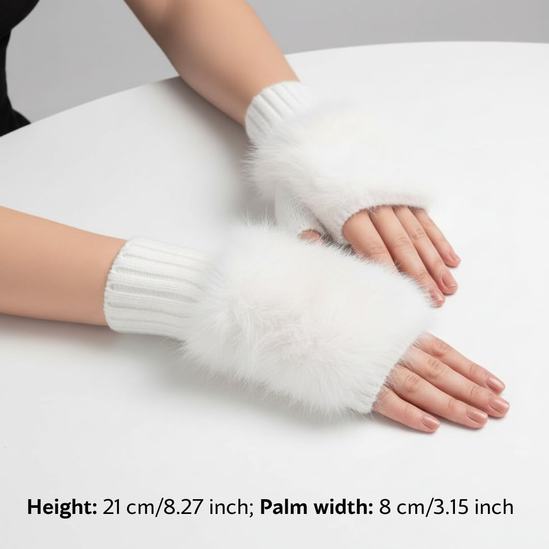 Handstulpen Damen, Fingerlose Handschuhe mit Keildaumen Weiche Strick Pulswärmer Armstulpen mit Kunstfell für Alltag, Büro, Outdoor