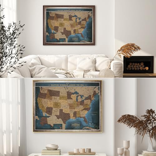 Image of DECORARTS - Personalized Framed USA Push Pin Travel Map in Deep Blue, Refined Vintage Explorer Style, Custom Name or Phrase, Blue Canvas Wall Art for Living Room or Office, Made in USA